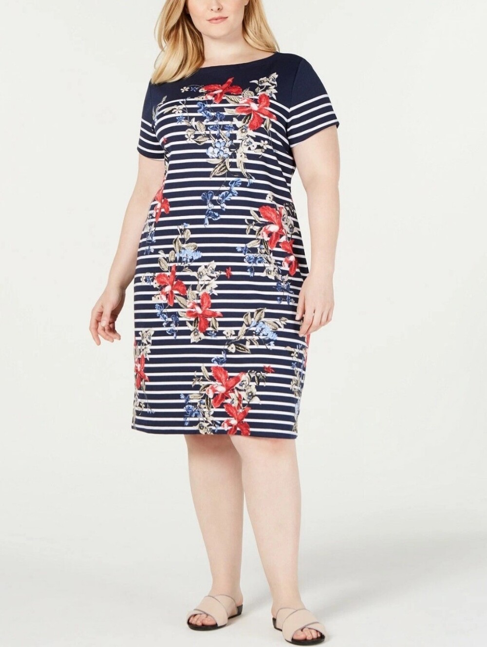 Karen Scott Navy Striped Floral Knit Shift Dress